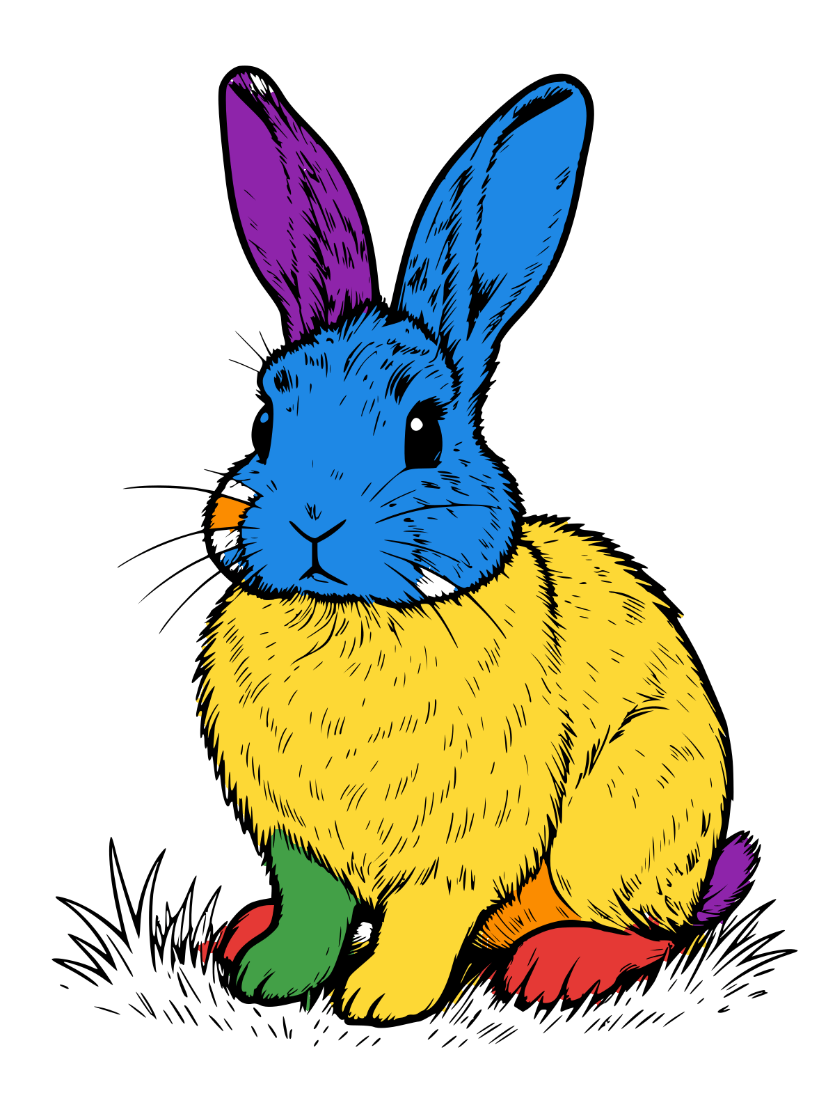 Black-and-white line drawing of a realistic rabbit sitting in grass, with long upright ears, whiskers, and detailed fur texture.