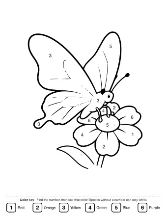 Black and white line drawing of a butterfly with large, patterned wings perched on a five-petaled flower with a visible center and stem.