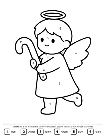 Black-and-white line drawing of a smiling angel with a halo and two wings, holding a candy cane in one hand and wearing a long dress.