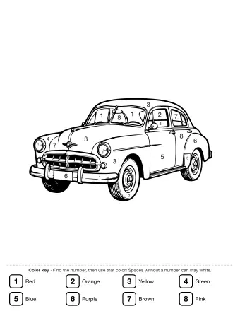 Black and white line drawing of a vintage classic car with rounded fenders, chrome grille, round headlights, and whitewall tires, shown in a three-quarter front view.