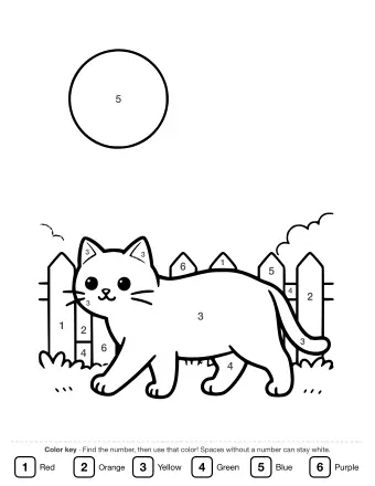 Line drawing of a striped cat walking on a wooden garden fence at night with a large full moon in the sky above