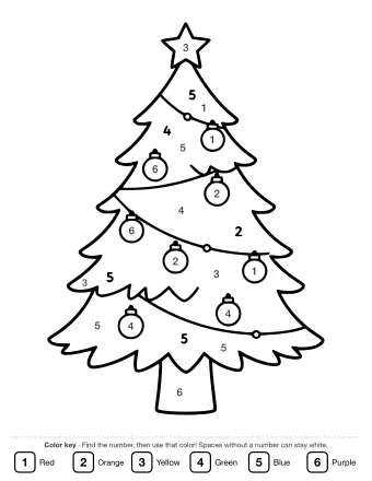 Black-and-white line drawing of a Christmas tree with a star on top, round ornaments, and small numbers scattered across the branches for a colour-by-number activity.