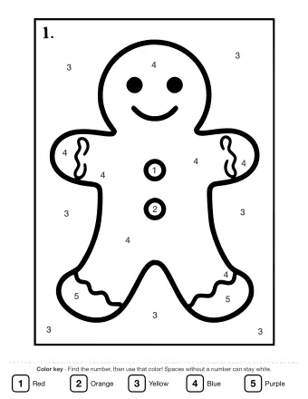 Black-and-white outline of a smiling gingerbread man with wavy icing on the arms and legs and two round buttons on the torso, divided into numbered sections.