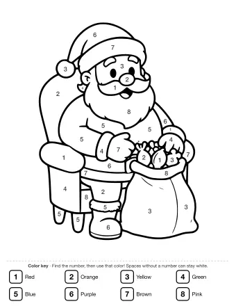 Black-and-white line drawing of Santa Claus sitting in a wooden chair, holding a large sack filled with wrapped toys, with a jolly expression and a classic Santa hat.