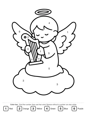 Line drawing of a small angel with a halo and feathered wings, eyes closed, playing a harp while seated on a cloud.