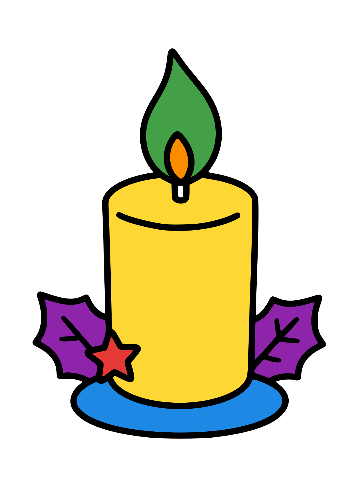 Line drawing of a tall candle with a single flame in a round holder, with holly leaves on each side and a small star at the base.