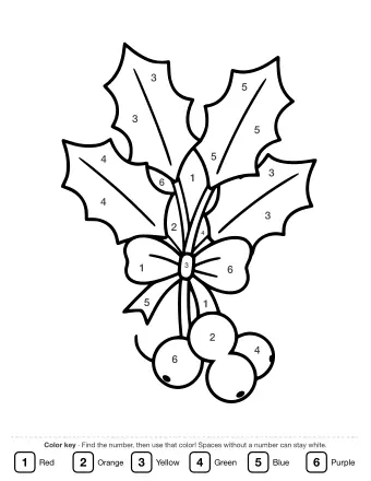 Line drawing of a sprig of holly leaves and berries tied with a ribbon bow, with a cluster of three round berries hanging below.