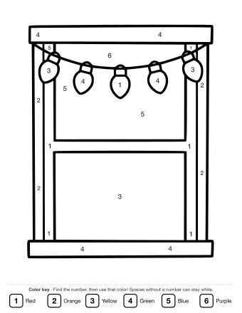 Black-and-white outline of a rectangular window frame with a string of five round Christmas lights hanging across the top pane, ready to colour.