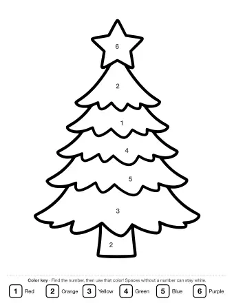 Black-and-white line drawing of a five-tiered Christmas tree with a large five-pointed star on top, set on a small trunk.