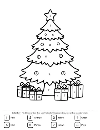 Black-and-white line drawing of a tall, tiered Christmas tree topped with a five-pointed star and decorated with round ornaments, with four wrapped gift boxes and bows at its base.