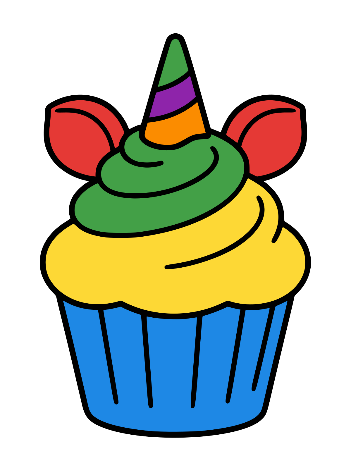 Line drawing of a cupcake in a fluted paper liner topped with swirled frosting, a striped unicorn horn, and two small ears.