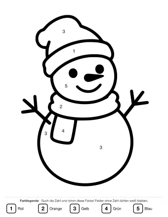 Schwarzes und weißes Ausmalbild eines Schneemanns aus zwei Kugeln mit weihnachtlicher Mütze, Schal, Zweigarmen und einem freundlichen Lächeln