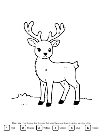 Line drawing of a young deer with antlers standing in a snowy landscape, with small snowflakes falling around it.