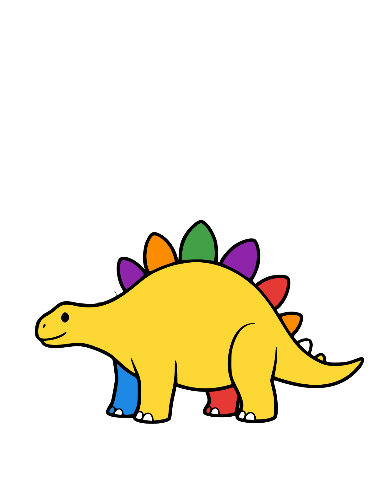 Black-and-white line drawing of a Stegosaurus facing left, showing a row of rounded plates along its back and four spikes on its tail.