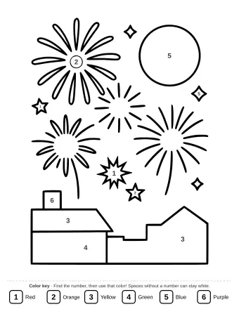 A night scene with large fireworks exploding over the silhouettes of houses.