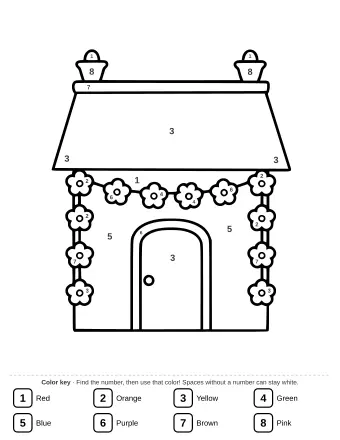 A simple house with oil lamps on the roof and flower garlands around the door.