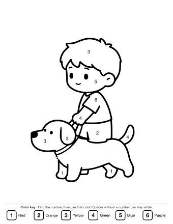 Black-and-white line drawing of a smiling child with short hair holding a leash attached to a small dog with floppy ears and a curled tail.