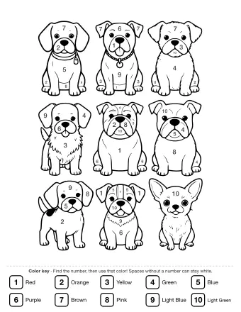 Black-and-white line art showing nine different dog breeds in a three-by-three grid, including a beagle, bulldog, and chihuahua, each sitting or standing with distinct features.