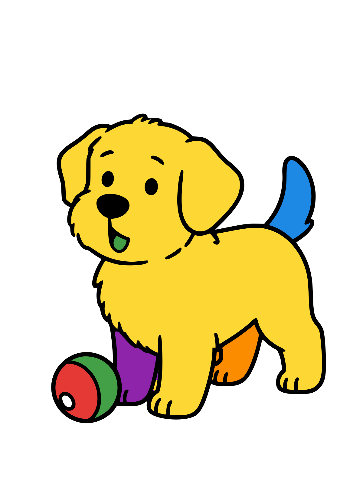 Black-and-white line drawing of a golden retriever puppy sitting and looking at a ball on the ground, with floppy ears and a curled tail.