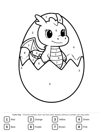 Black-and-white line drawing of a small cartoon dragon with big eyes and tiny wings emerging from the top of a large cracked eggshell.