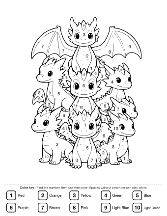 Black-and-white line drawing of seven cartoon baby dragons of different sizes, some with wings spread, arranged in a group.