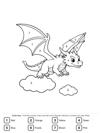 Black-and-white line drawing of a friendly dragon with large bat-like wings spread wide, flying above two fluffy clouds.