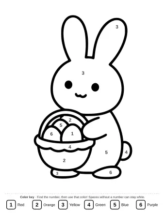 Black and white line drawing of a smiling Easter bunny with long ears holding a woven basket filled with three decorated eggs.