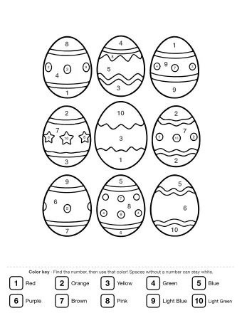 Nine Easter eggs arranged in a 3x3 grid, each decorated with a different pattern including stripes, zigzags, dots, and stars.
