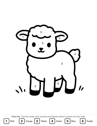 Black-and-white line drawing of a smiling lamb with curly wool on its head and back, standing on four legs with small tufts of grass at its feet.