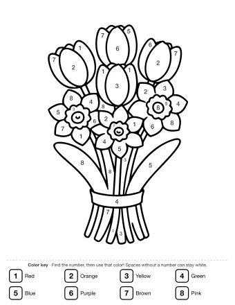 Black and white line drawing of a bouquet containing three tulips and three daffodils tied together with a ribbon bow.