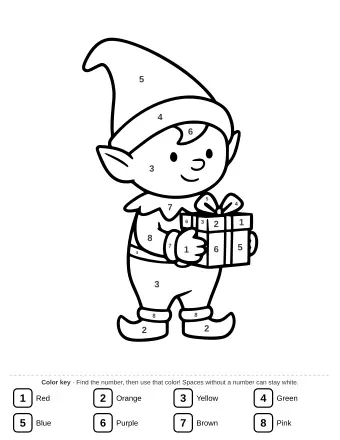 Line drawing of a smiling elf wearing a tall pointed hat and a green tunic, holding a small wrapped gift box in front of its chest.