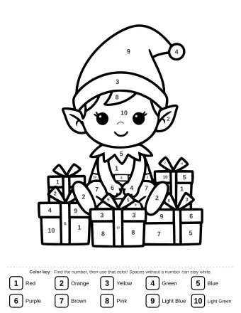 Black and white line drawing of a smiling elf with large eyes and a small pointed hat sitting on a stack of four wrapped Christmas gifts.