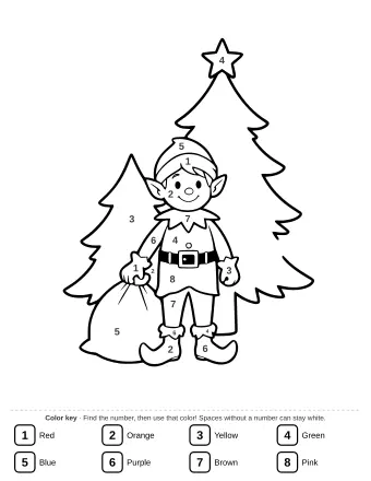 A smiling elf wearing a pointed hat and tunic stands in front of a large Christmas tree topped with a star, holding a sack of toys in one hand and a small gift in the other.