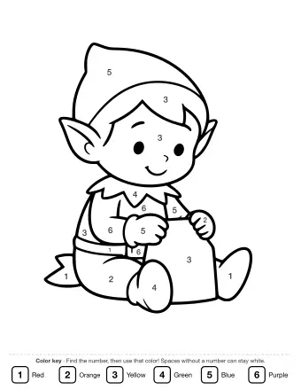 Black and white line drawing of a smiling elf in a pointed hat and tunic sitting on the floor, holding a small toy and a tool.