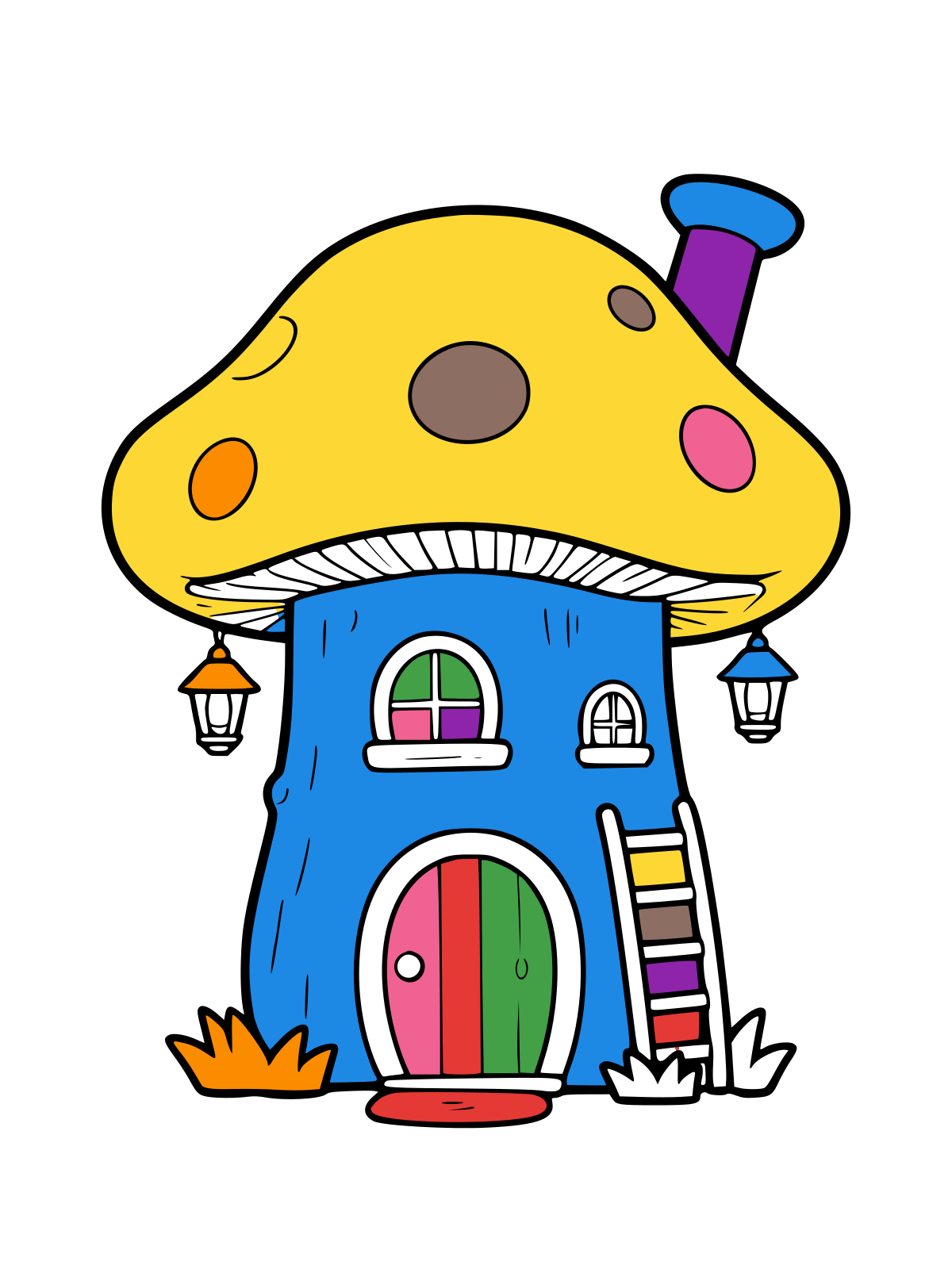 Line drawing of a tree trunk house with a spotted mushroom roof, a round arched door, small windows, two lanterns and a ladder.