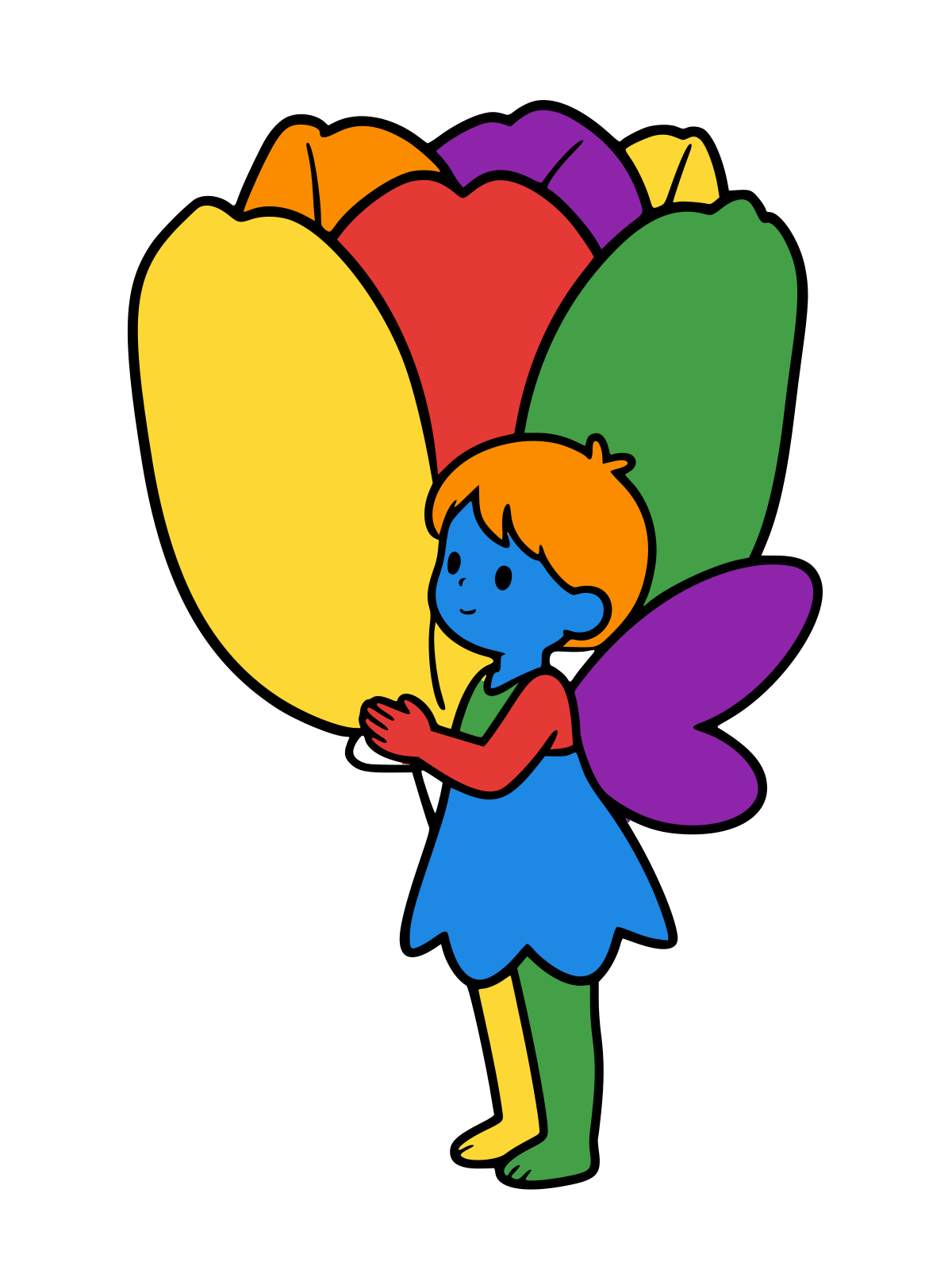 Line drawing of a tiny fairy with wings holding the edge of a huge tulip petal, the open flower rising behind her.