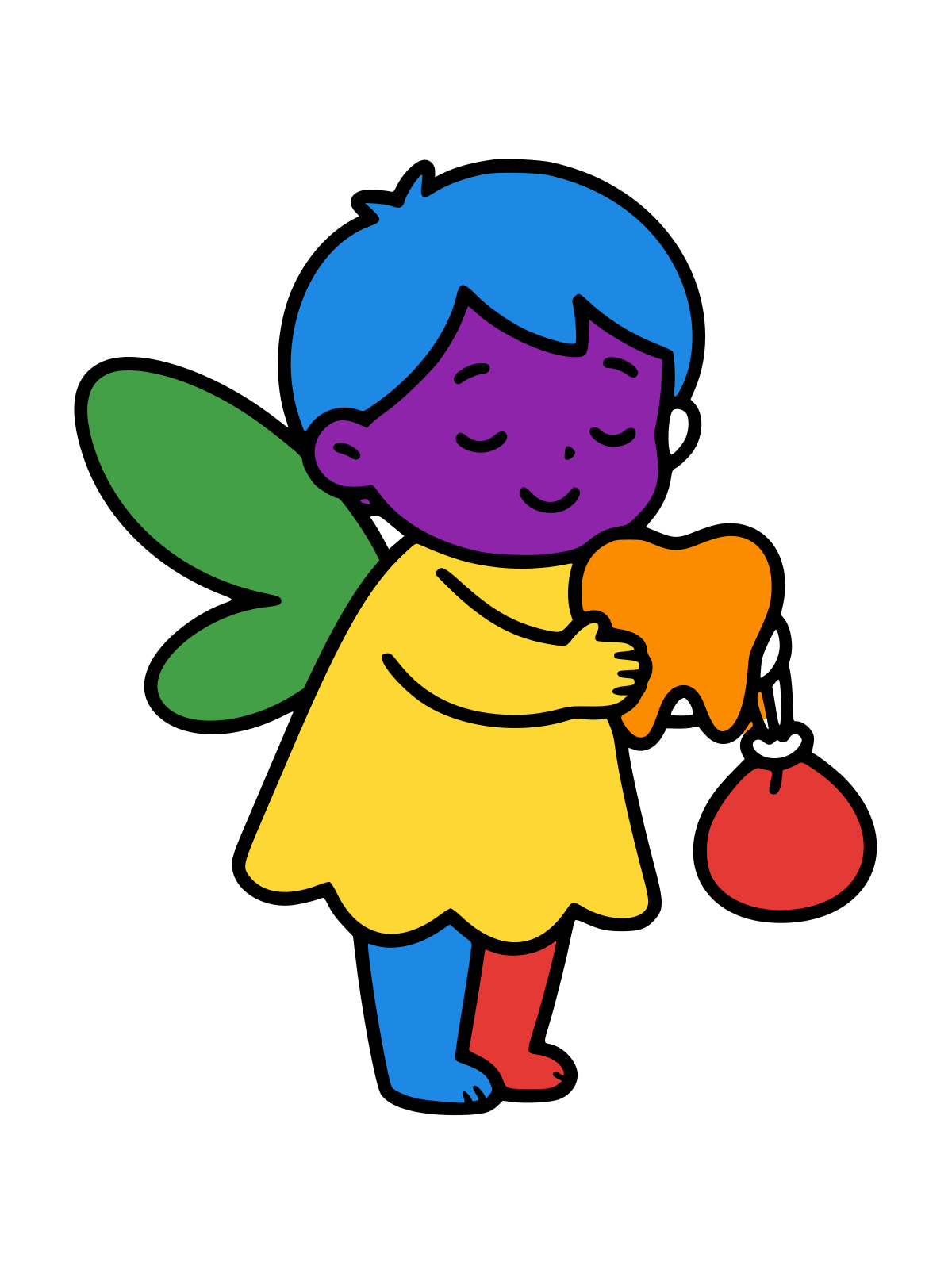Line drawing of a smiling fairy with wings standing with eyes closed, holding a tooth in one hand and a small purse in the other.