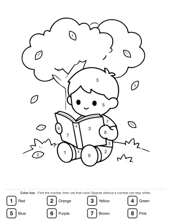 Black-and-white line drawing of a smiling child sitting cross-legged on the ground, holding an open book, with a large leafy tree behind and several leaves drifting down around the child.