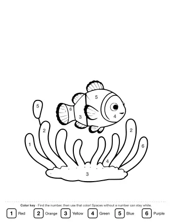 Black-and-white line drawing of a cartoon clownfish with three white bands swimming among wavy sea anemone tentacles on a white background.