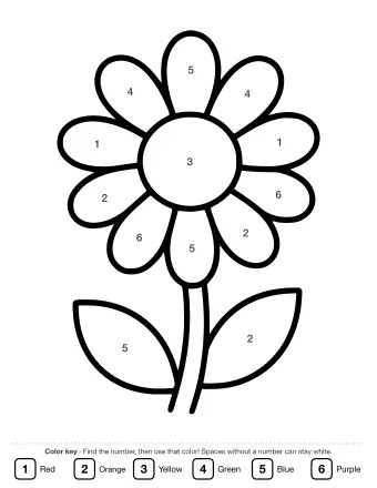 Black and white line drawing of a large daisy with eight petals, a round center, a straight stem, and two leaves.