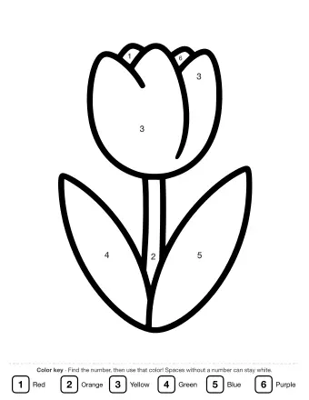 Black and white line drawing of a single tulip flower with two long leaves on a white background.