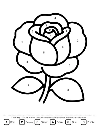 Black and white line drawing of a single large rose with bold outlines, rounded petals, and two leaves on a stem, designed for young children.