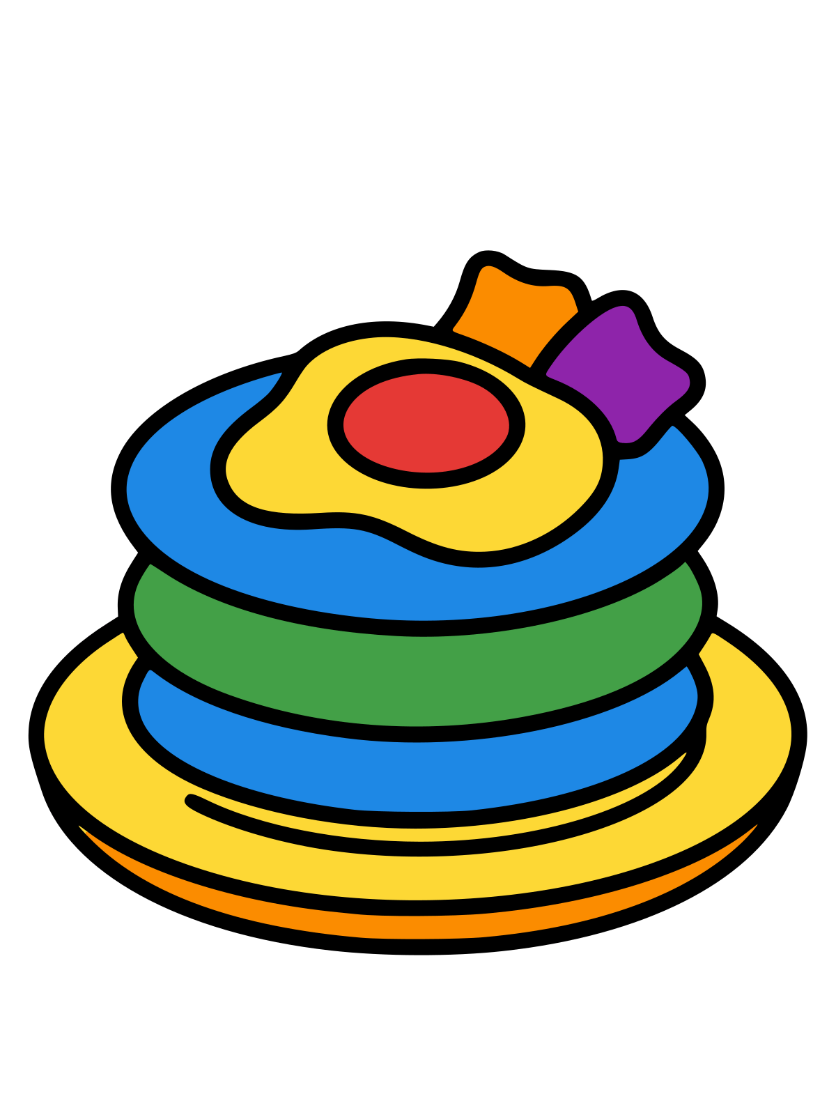 Line drawing of a plate holding a stack of pancakes, a fried egg and a strip of bacon