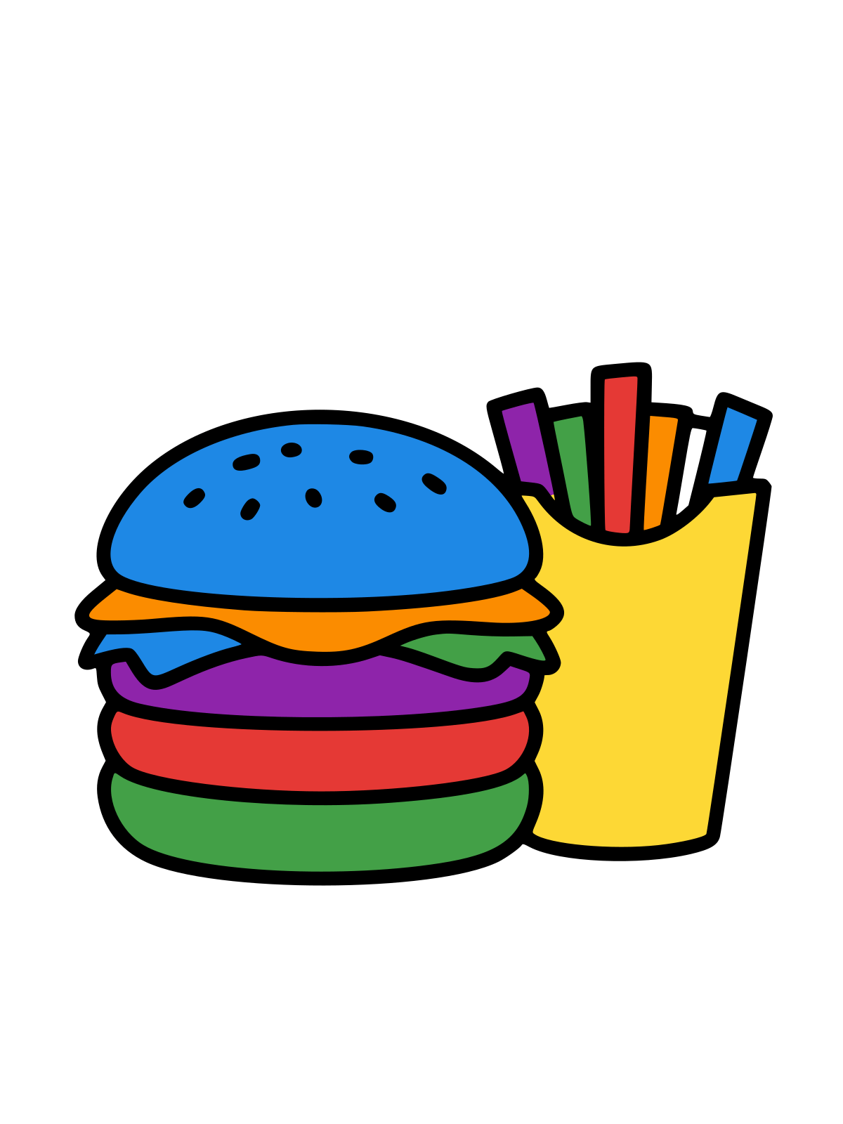 Line drawing of a burger with a seeded bun and visible layers next to a carton of French fries
