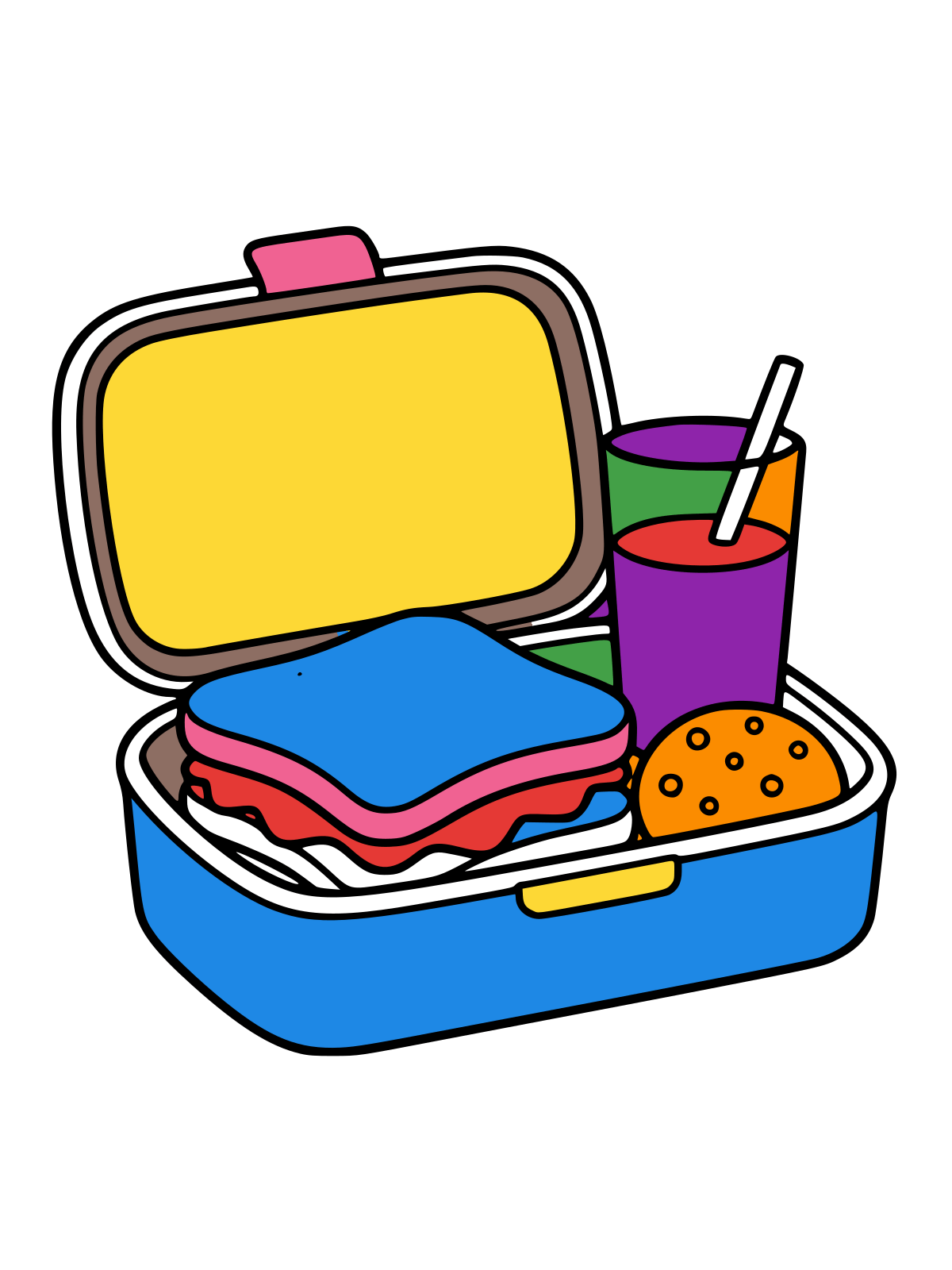 Line drawing of an open lunchbox with a lid raised, a sandwich, a round cookie and a drink cup with a straw