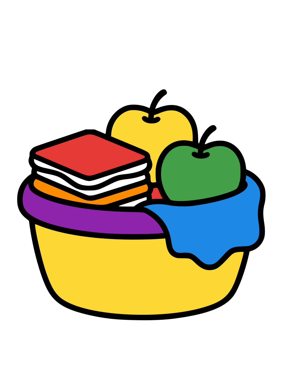 Line drawing of a picnic basket holding a layered sandwich, two apples and a folded cloth over the edge