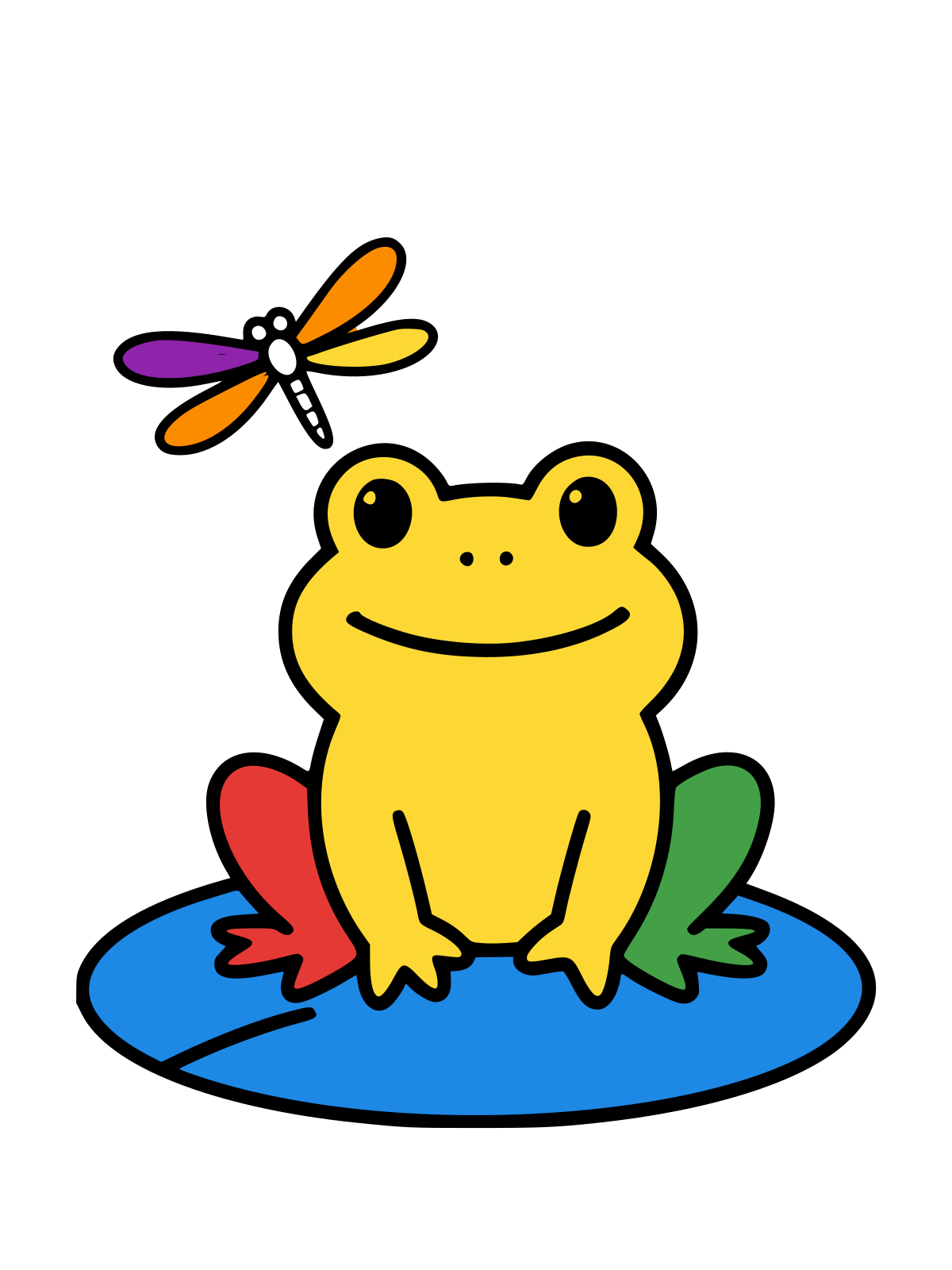 Outline drawing of a smiling frog sitting upright on a lily pad with a dragonfly flying above its head