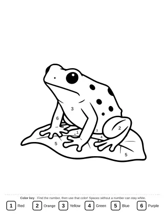 Black-and-white line drawing of a small spotted dart frog sitting on a large leaf, with its front legs visible and a curled tail.