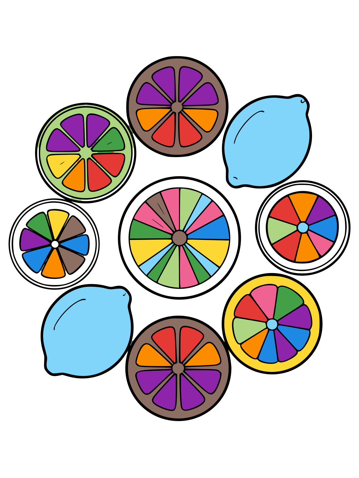 Line drawing of circular citrus slices with segments arranged in a ring around a larger central slice, plus two whole lemons