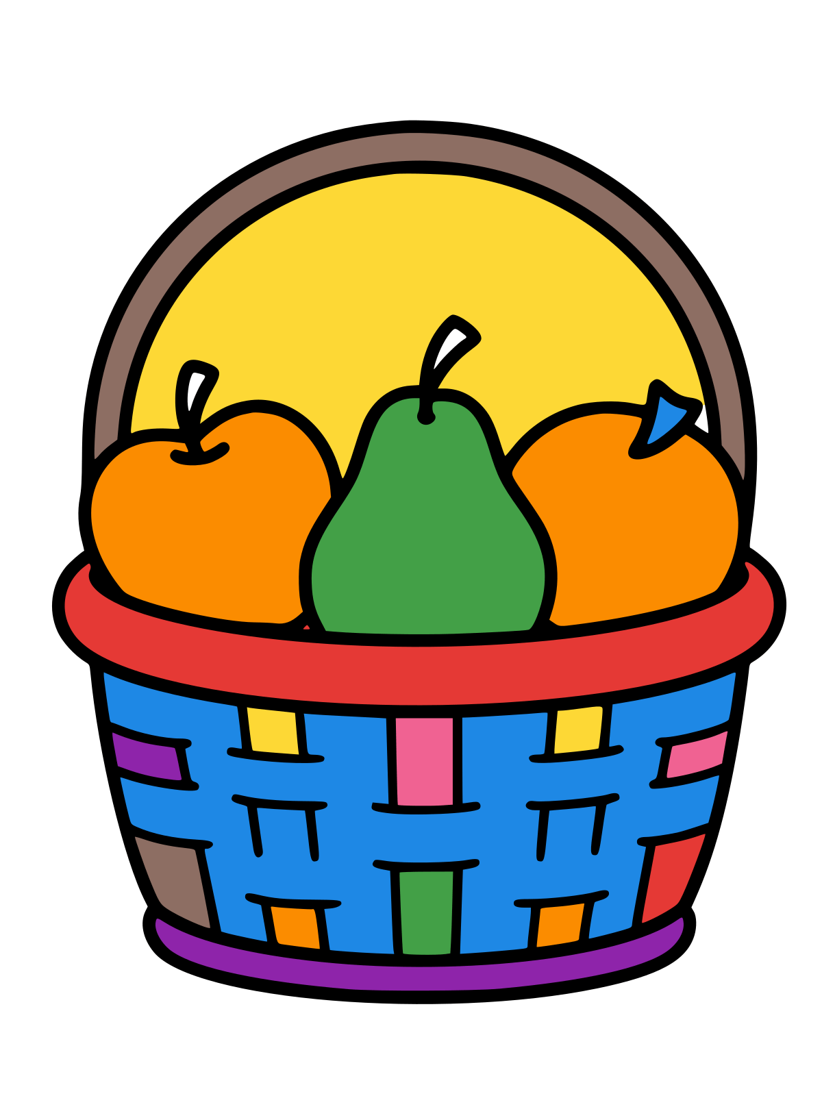 Line drawing of a woven basket with a curved handle holding several apples and a pear